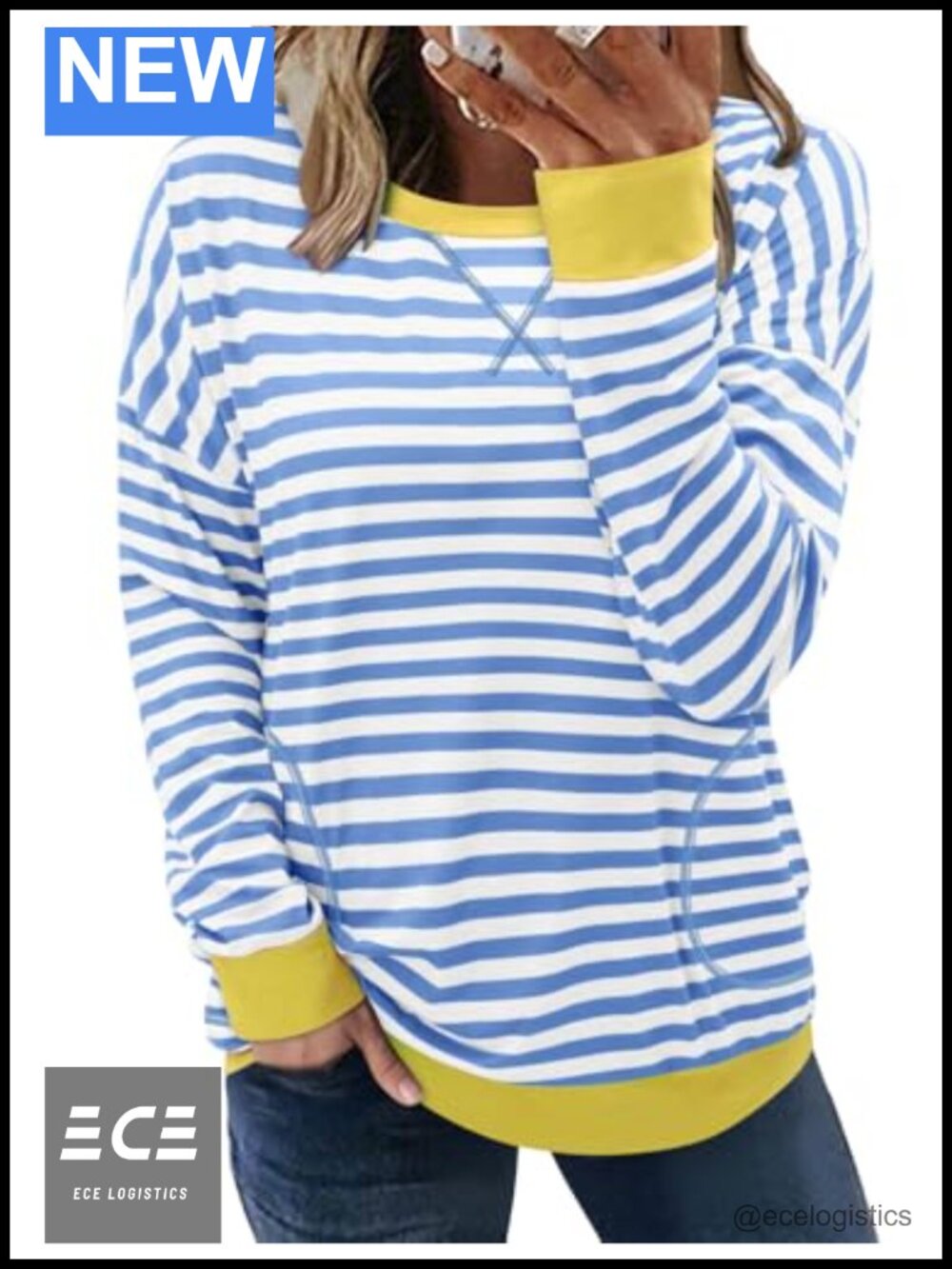 Women's Casual Loose Fit Tunic Shirt Long Sleeve Stripe Print Pocket Top